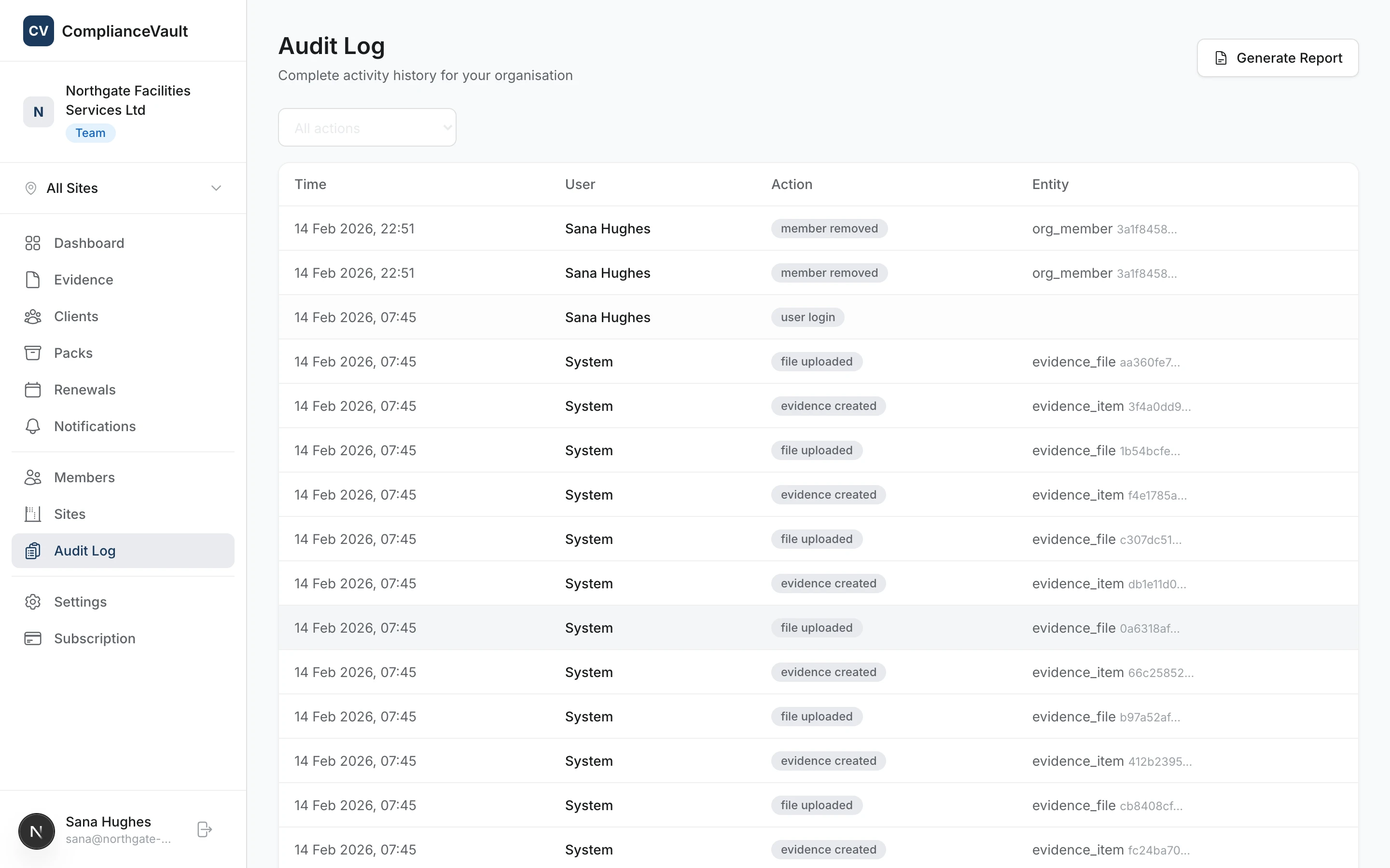 Audit trail showing timestamped user actions with filters