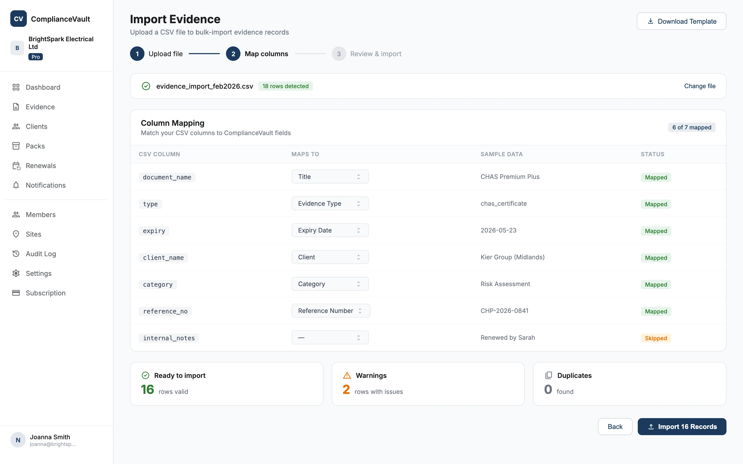 CSV import screen showing column mapping and validation preview