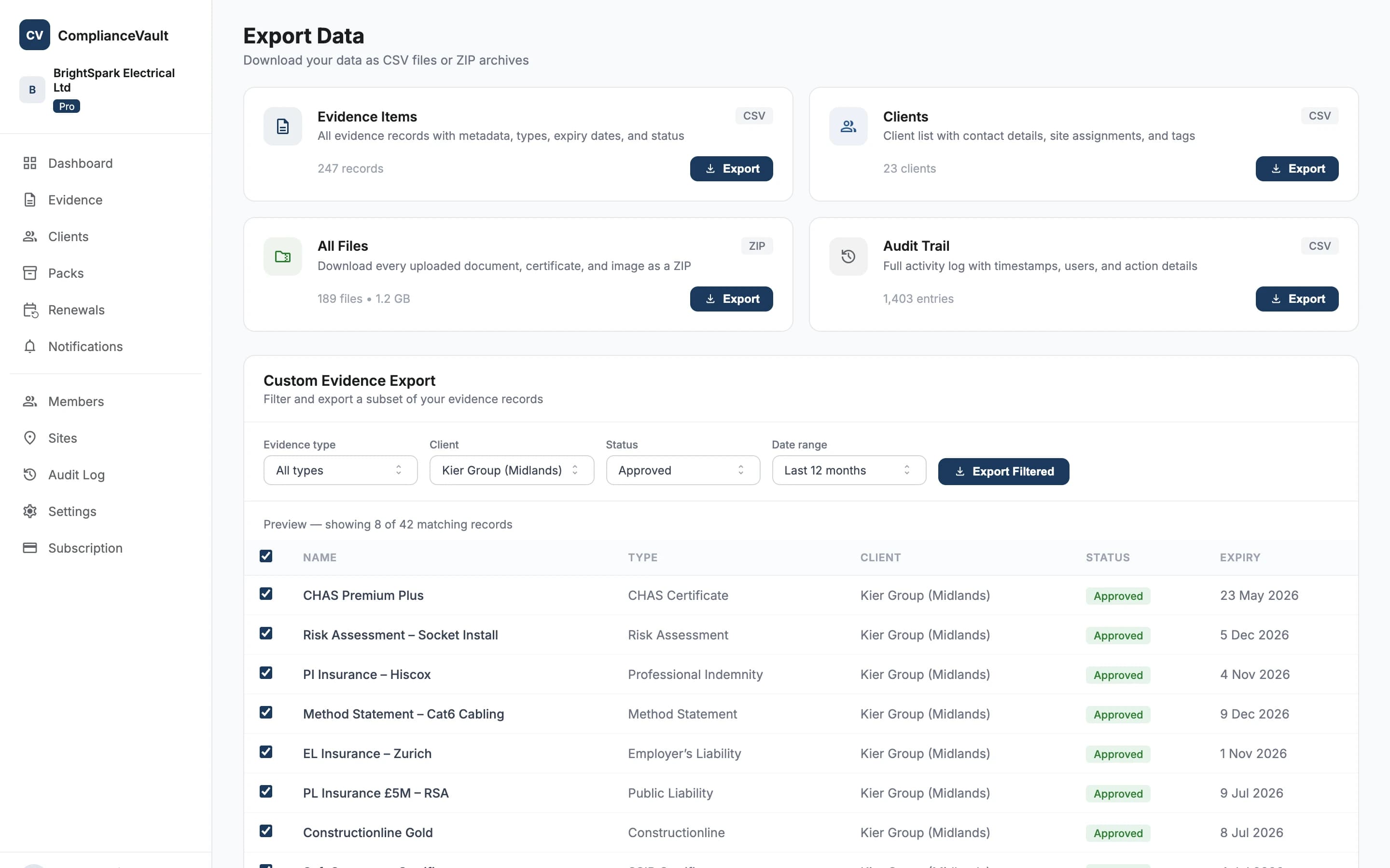 Data export options showing CSV download with filter controls