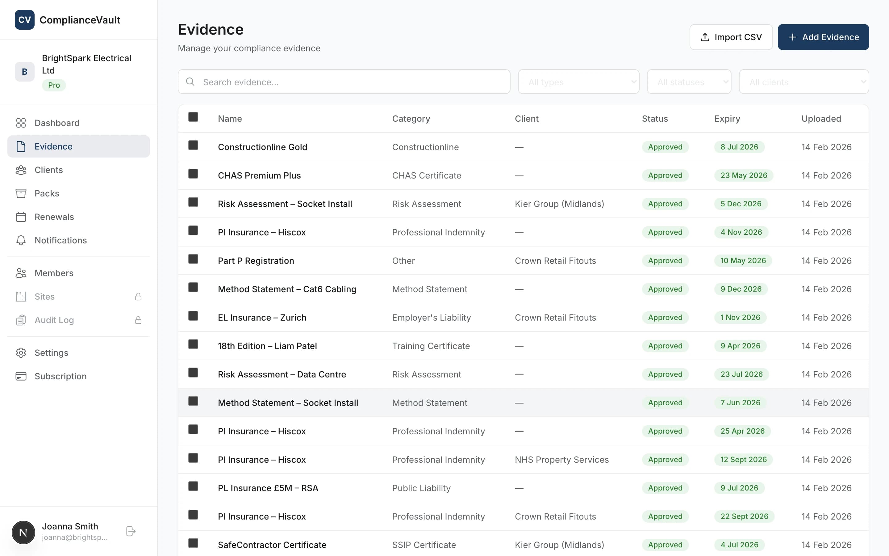 Evidence vault showing certificates with expiry status badges