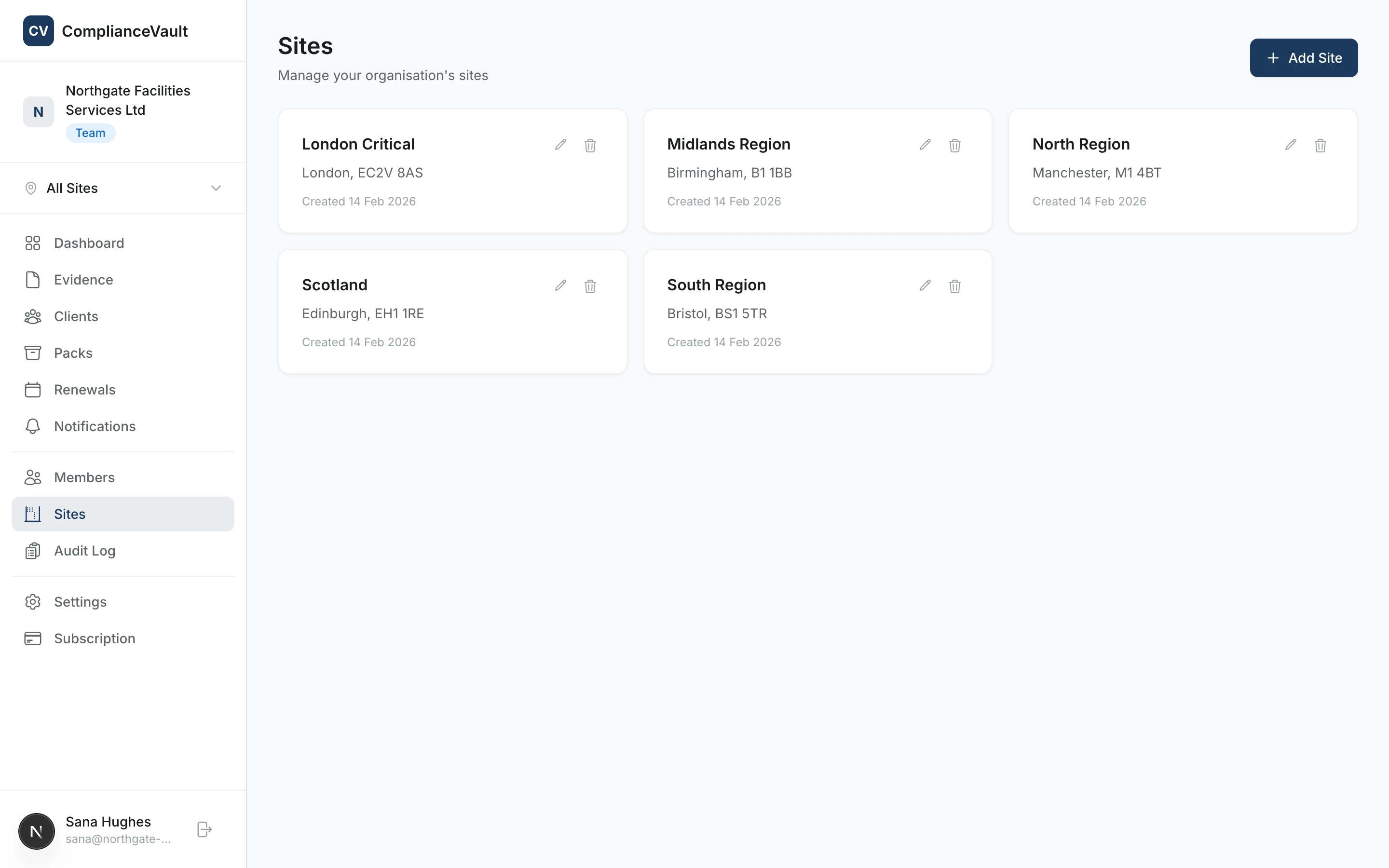 Multi-site management showing regional sites with member counts