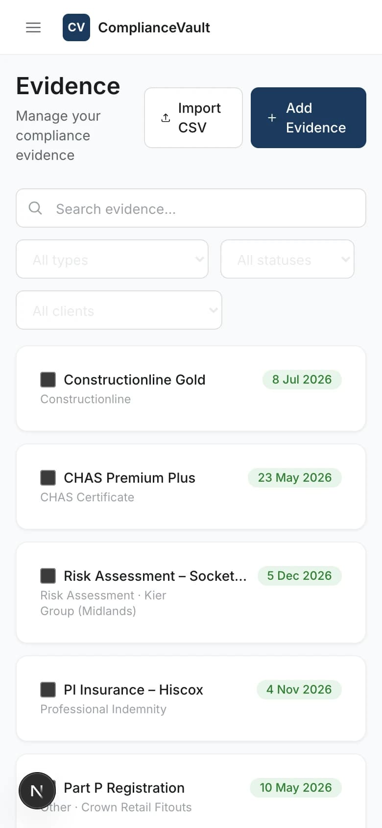 ComplianceVault mobile app showing the evidence list with expiry status indicators